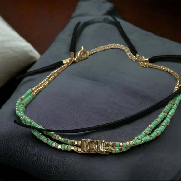 Beaded Layered Rhinestone Faux Leather Tassel Choker Necklace - Picture 3 of 3